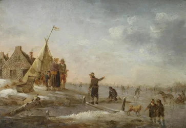 Winterlandschaft mit Schlittschuhläufern vor einem Dorf